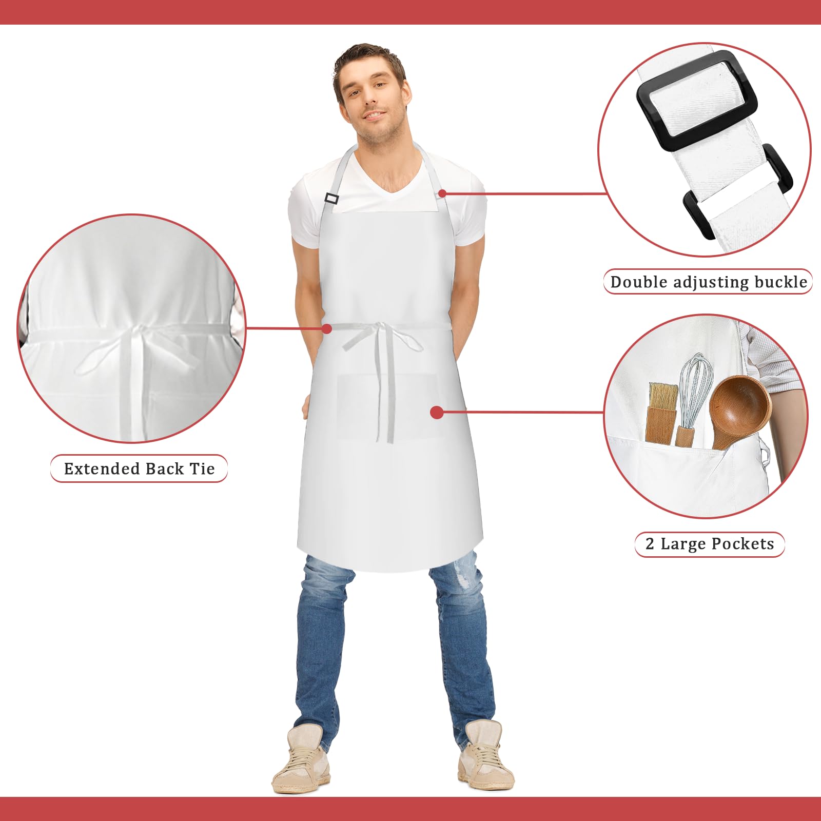 FunChaos 2 Pcs Plus Size Apron, White Chef Apron, Unisex Aprons with 2 Pockets for Cooking Grilling, BBQ, Work - Image 4