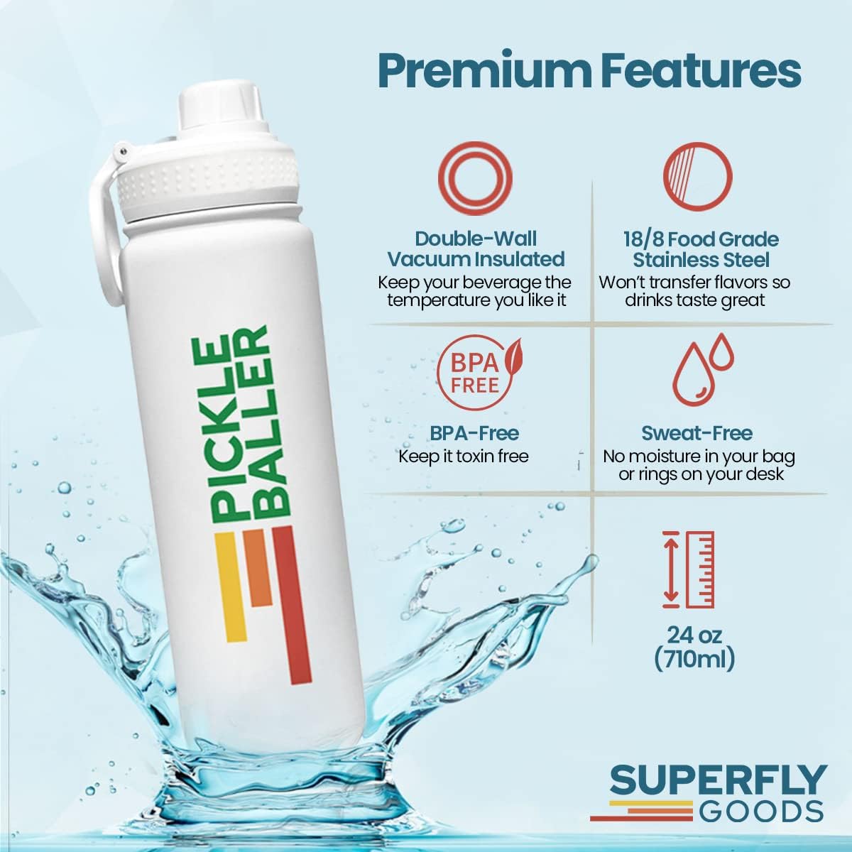 Super Fly Goods Pickle Baller Sports Water Bottle - Pickleball Insulated Stainless Insulated - Double Walled - 10 Hours Cold & 6 Hours Hot - Reusable Metal Water Bottle - Leak Proof - 1 Count