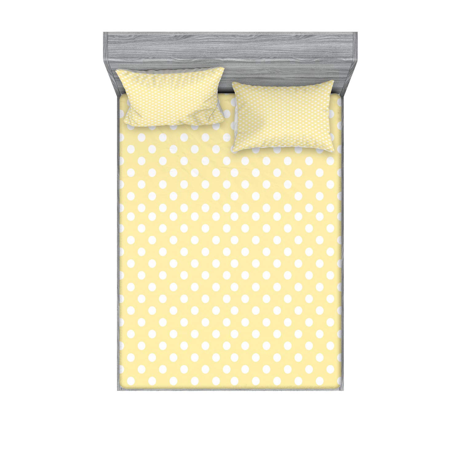 Ambesonne Polka Dots Fitted Sheet & Pillow Sham Set, Nostalgic Pastel Polka Dots in Never Ending Path Vintage Old-Fashion Artwork, Decorative Printed 3 Piece Bedding Decor Set, Calking, Yellow