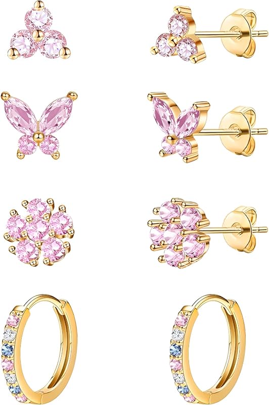 20G Gold Pink Studs Earrings for Women,14K Gold Plated Hypoallergenic Butterfly Earrings for Girls,4 Pairs Flower/Butterfly/Cubic Zirconia Cute Earring and Trendy Huggie Hoop Dainty Multipack Earring Sets