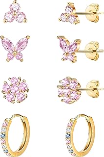 20G Gold Studs Earrings for Women,14K Gold Plated Hypoallergenic Butterfly Earrings for Girls,4 Pairs