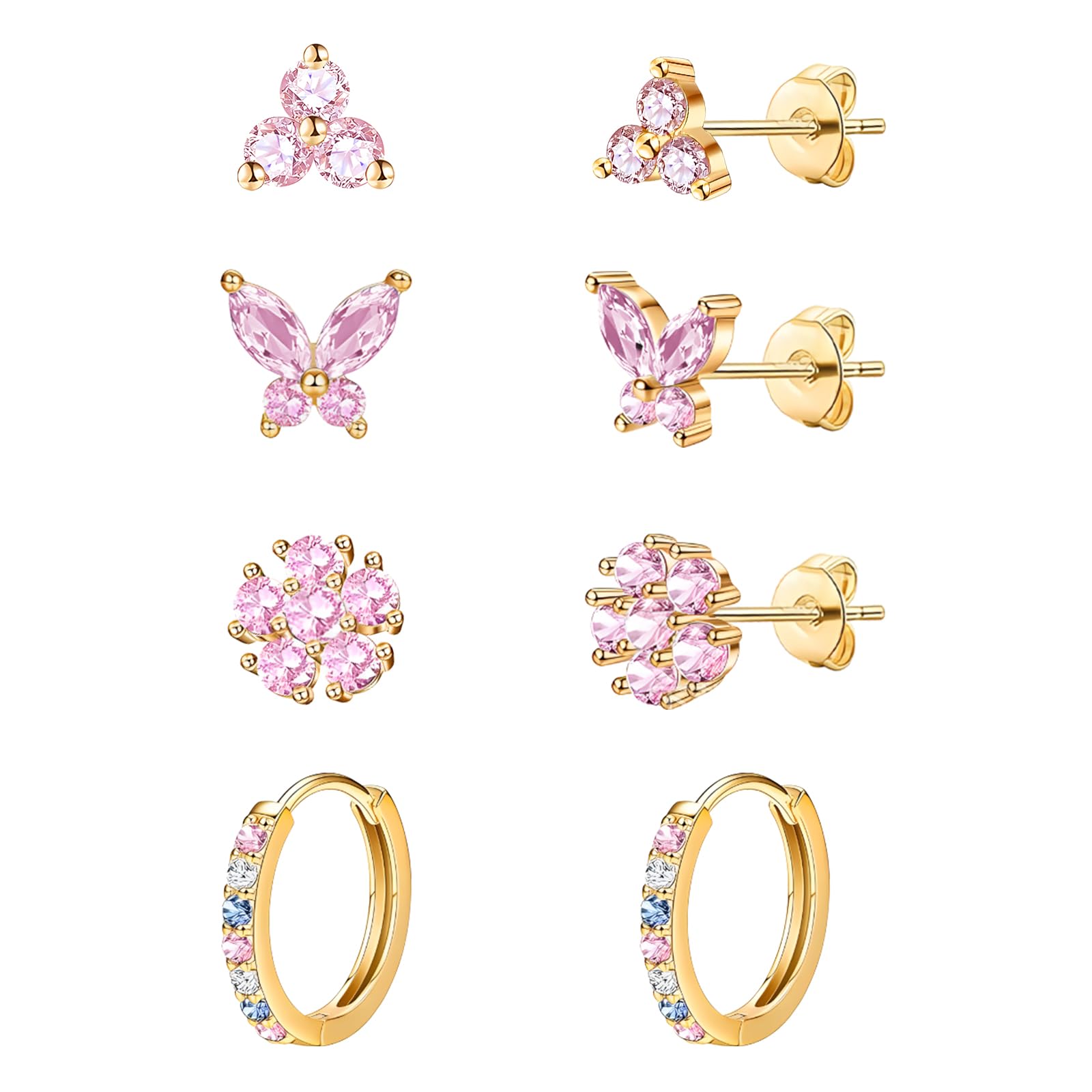 20G Gold Studs Earrings for Women 14K Gold Plated Hypoallergenic Butterfly Earrings for Girls 4 Pairs Flower Butterfly