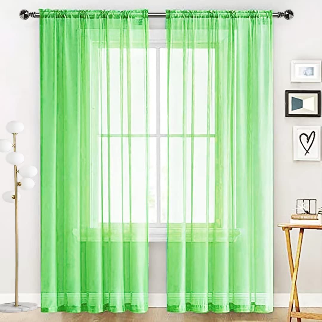 SpaceDresser Sheer Voile Window Treatment Rod Pocket Curtain Panels for Kitchen Bedroom Living Room Drapes Sunlight Filtering Privacy Semi Home Decor Assorted Colors Sizes (Green, 52 W x 84 L)