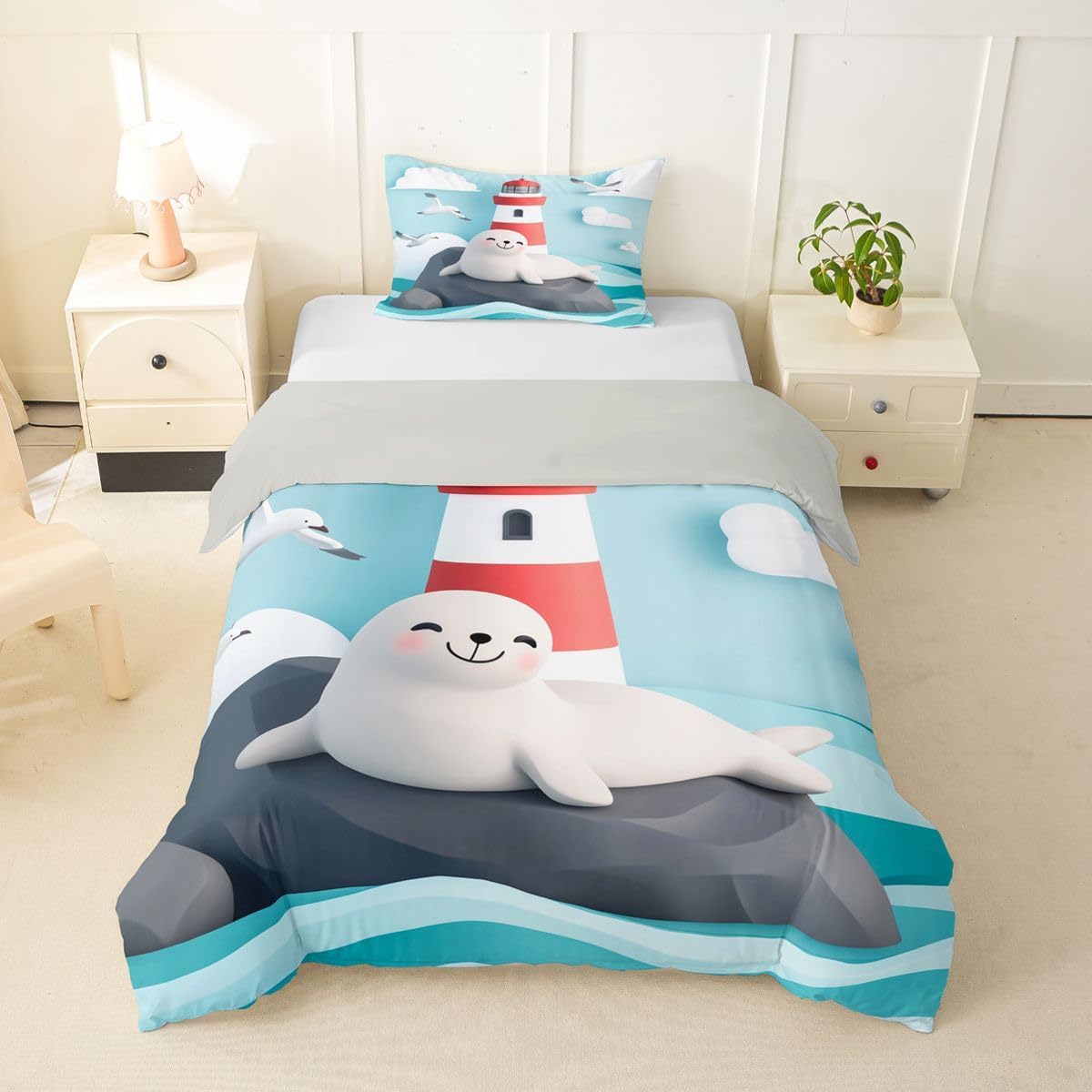Erosebridal Cartoon Seal Toddler Duvet Cover Cute Ocean Sealife Waves Bedding Set Fresh Summer Style Room Decor Comforter Cover,Rocks Red Lighthouse Seagulls Bed Set