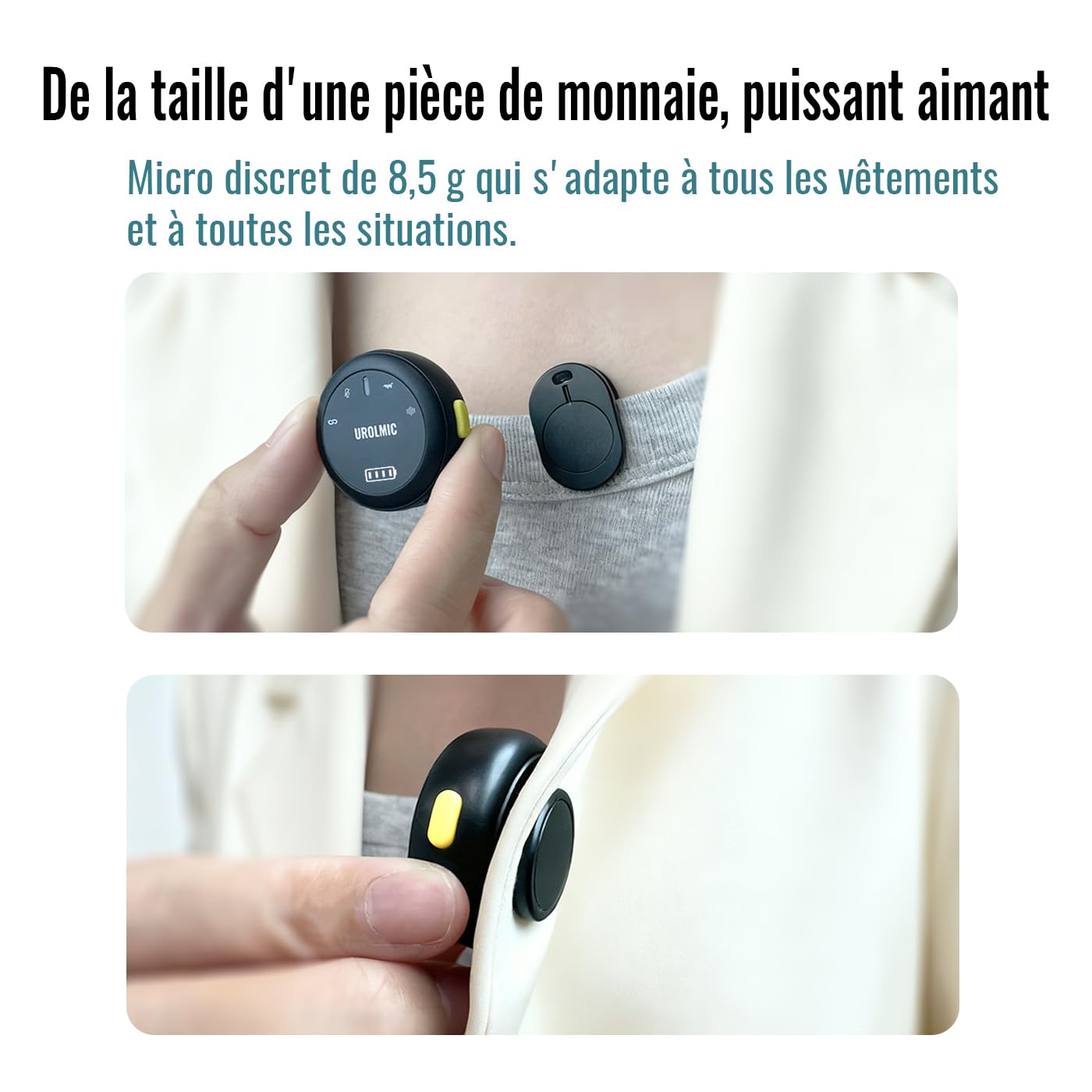 Micro Cravate Sans Fil 2-en-1 Compatible iPhone Android, Autonomie 40h, Portée 55m, Réduction du Bruit, Fixation Magnétique, pour Enregistrement Podcast