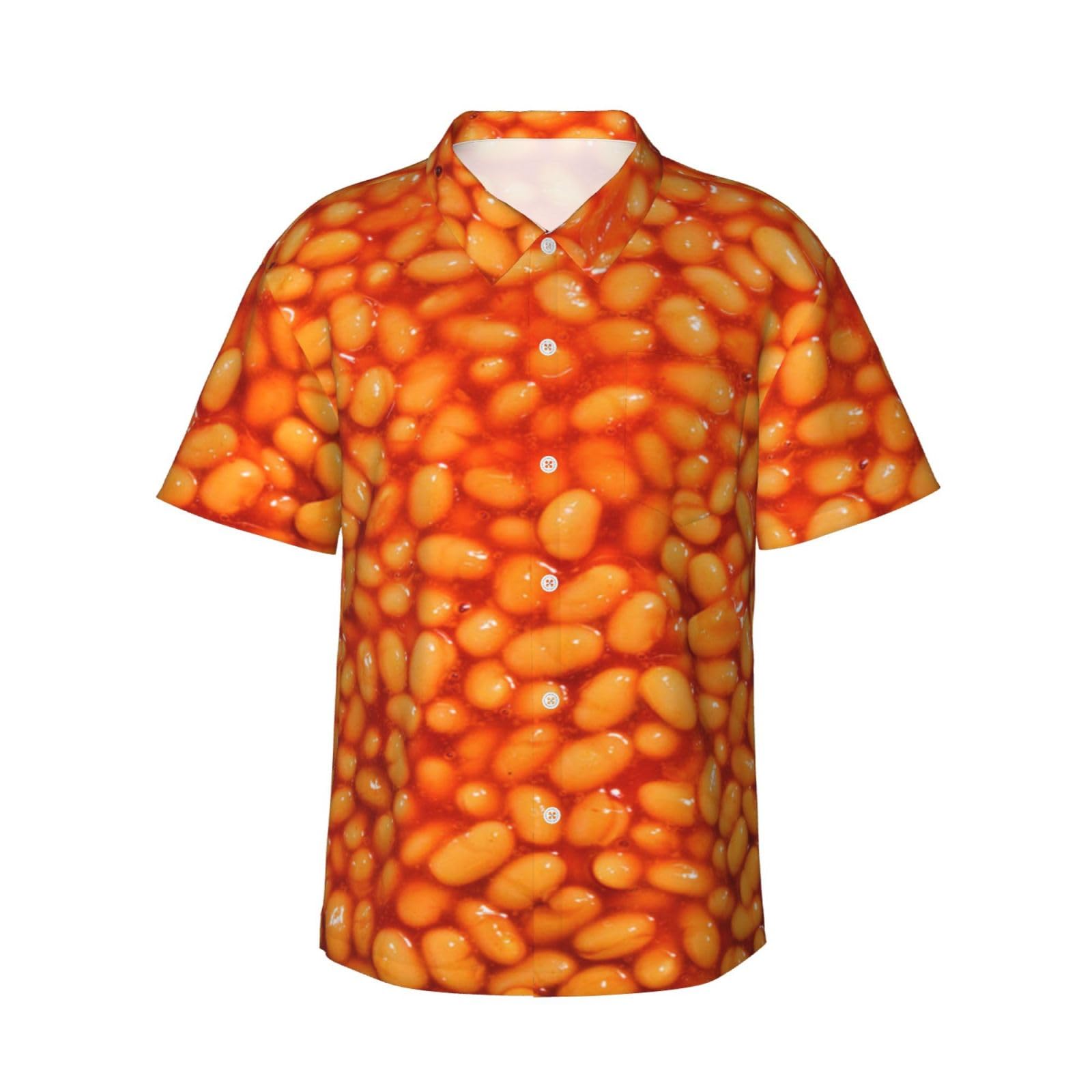 Sanfutian Men's Black Baked Beans Food 3D Print Casual Button Down Shirts, Novelty Hawaiian Short Sleeves M