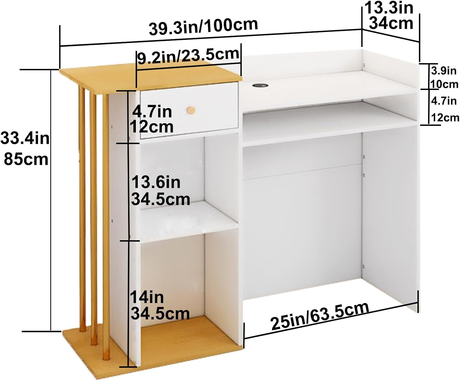 Reception Desk, Reception Counter with Drawers and Storage Shelves, 39 inch Retail Counter for Checkout with Cable Grommet, Suitable for Salons, Beauty, Clothing Stores,Thickened Wooden Board