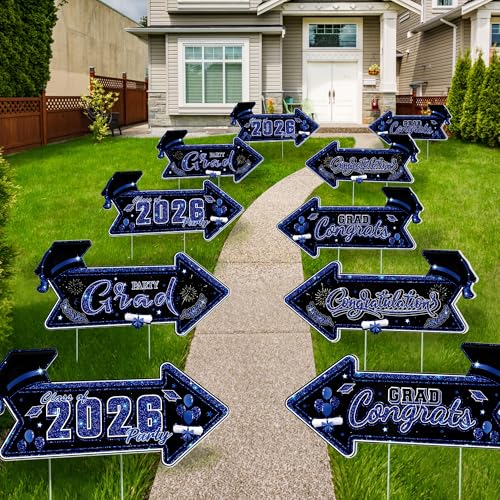 Vivantia 10 Pack 2026 Graduation Party This Way Yard Sign Arrow 16.5 x 8 Inch Black Blue Double Sided Printed Directional Yard Sign with Stakes Graduate Party Sign for Outdoor Graduation Party Supply