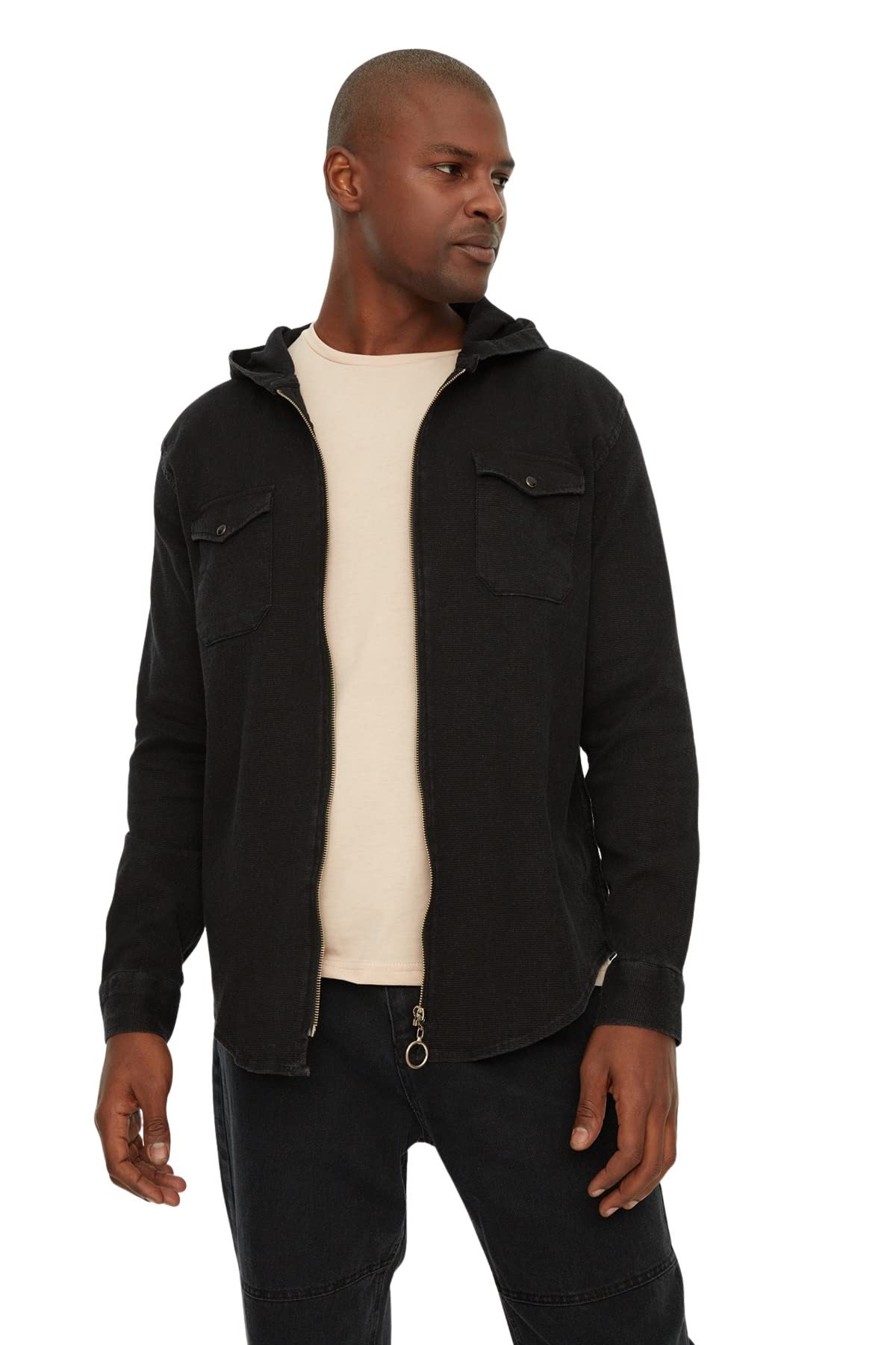 Trendyol Man Regular fit Basic Hood Woven Shirt Schwarz