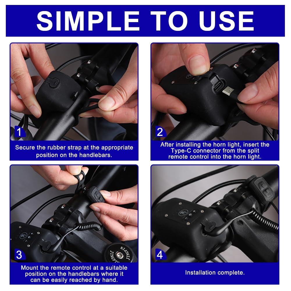 Campanello Bici Elettrico, Clacson Bici Elettrica Con Luci per Bicicletta, 6 modalità sonore, 4 modalità di illuminazione, Ricaricabile tramite USB, Impermeabile, Per monopattini elettrici, MTB