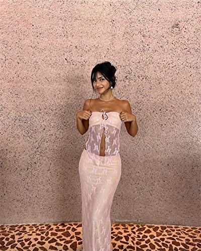 Yuemengxuan Women Going out Maxi Skirts Set Low Cut Lace Trim Cami Top Crop Top High Waist Bodycon Maxi Skirt 2Pcs Outfits2