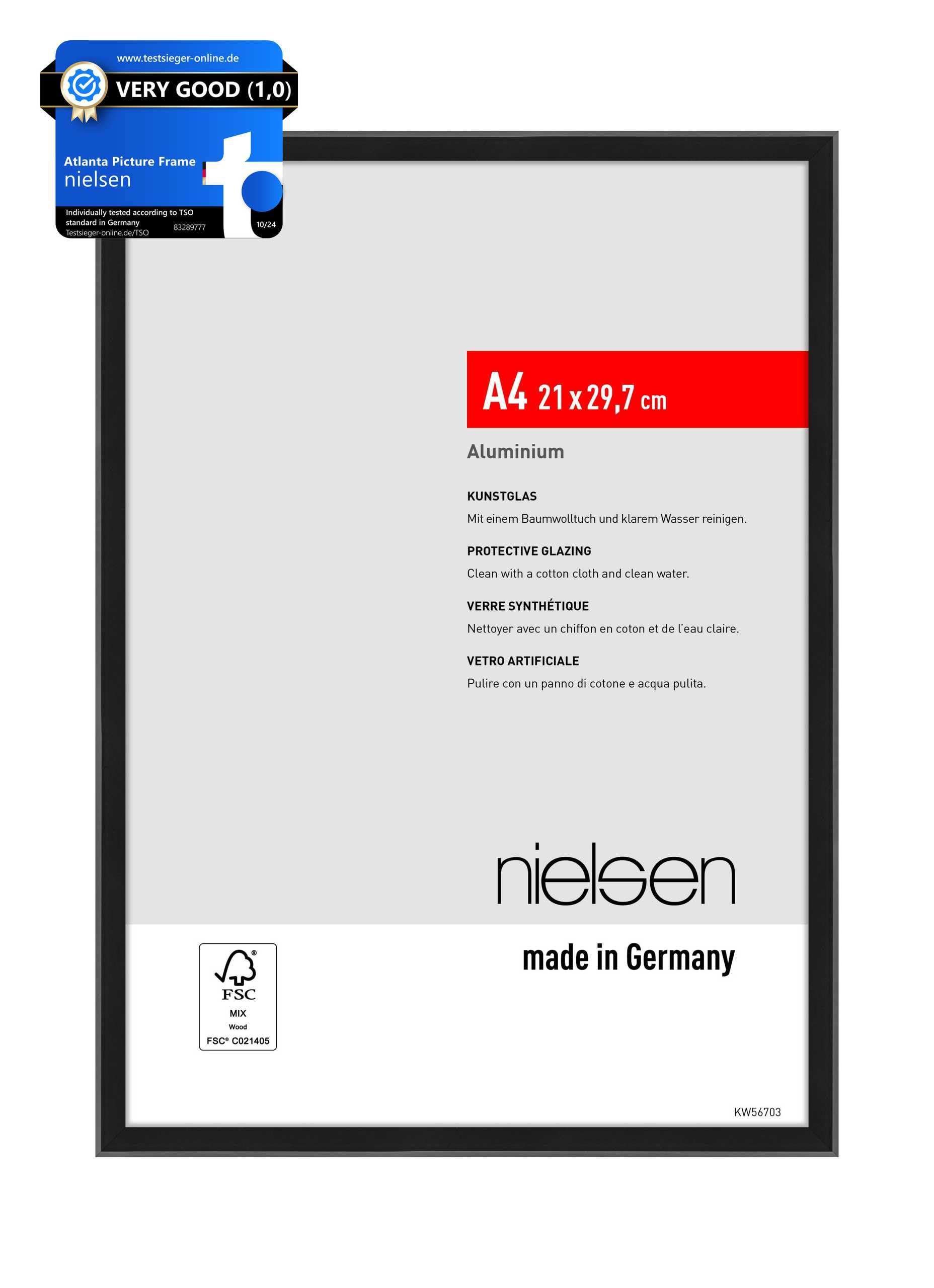 Nielsen Frosted Black Atlanta Aluminium Picture Frame - A4, 21X29.7cm - With Synthetic Glass And Push-Turn Clips