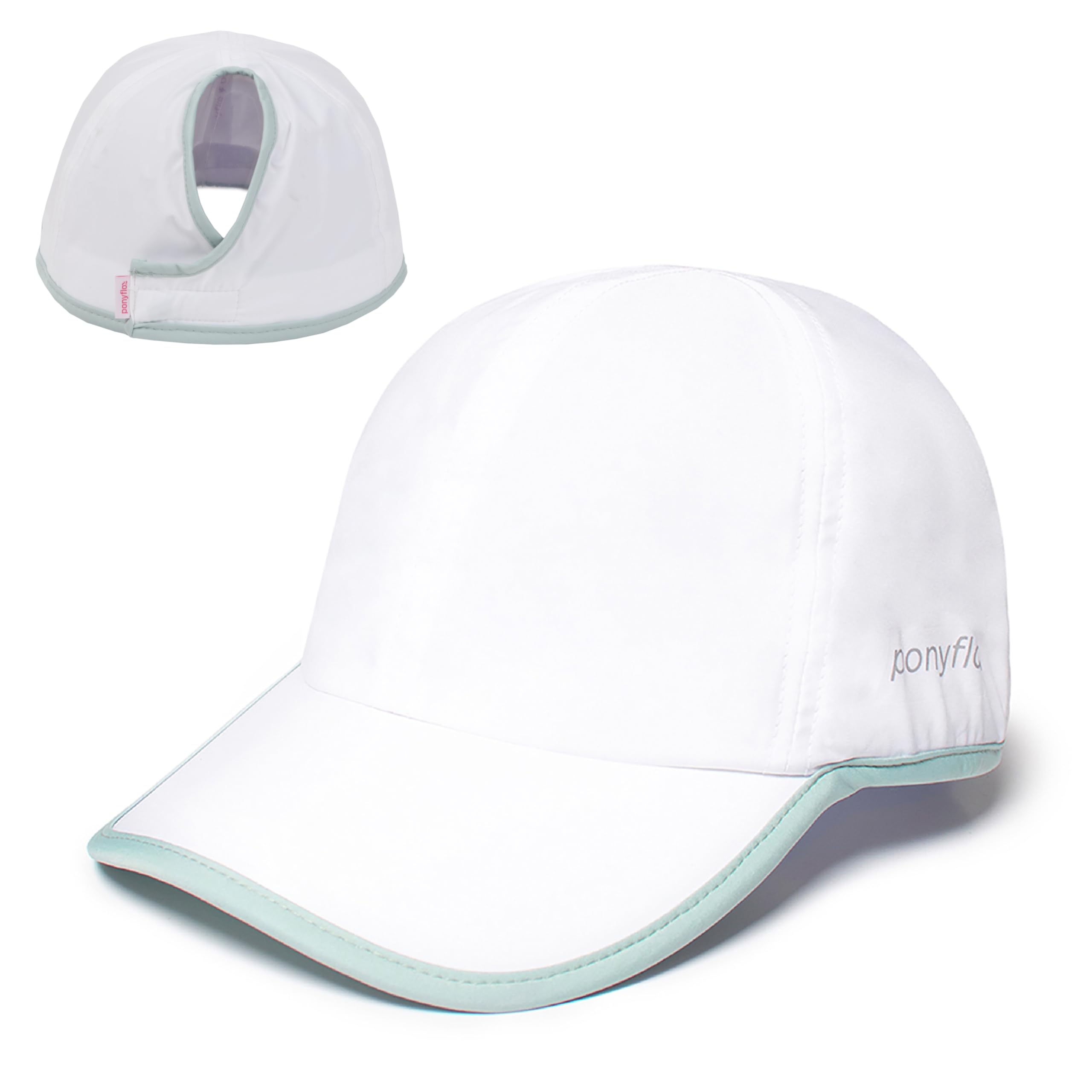 Ponyflo Active Ponytail Hat - Gorro de cola de caballo para mujer, diseñado para cabello rizado blanco menta