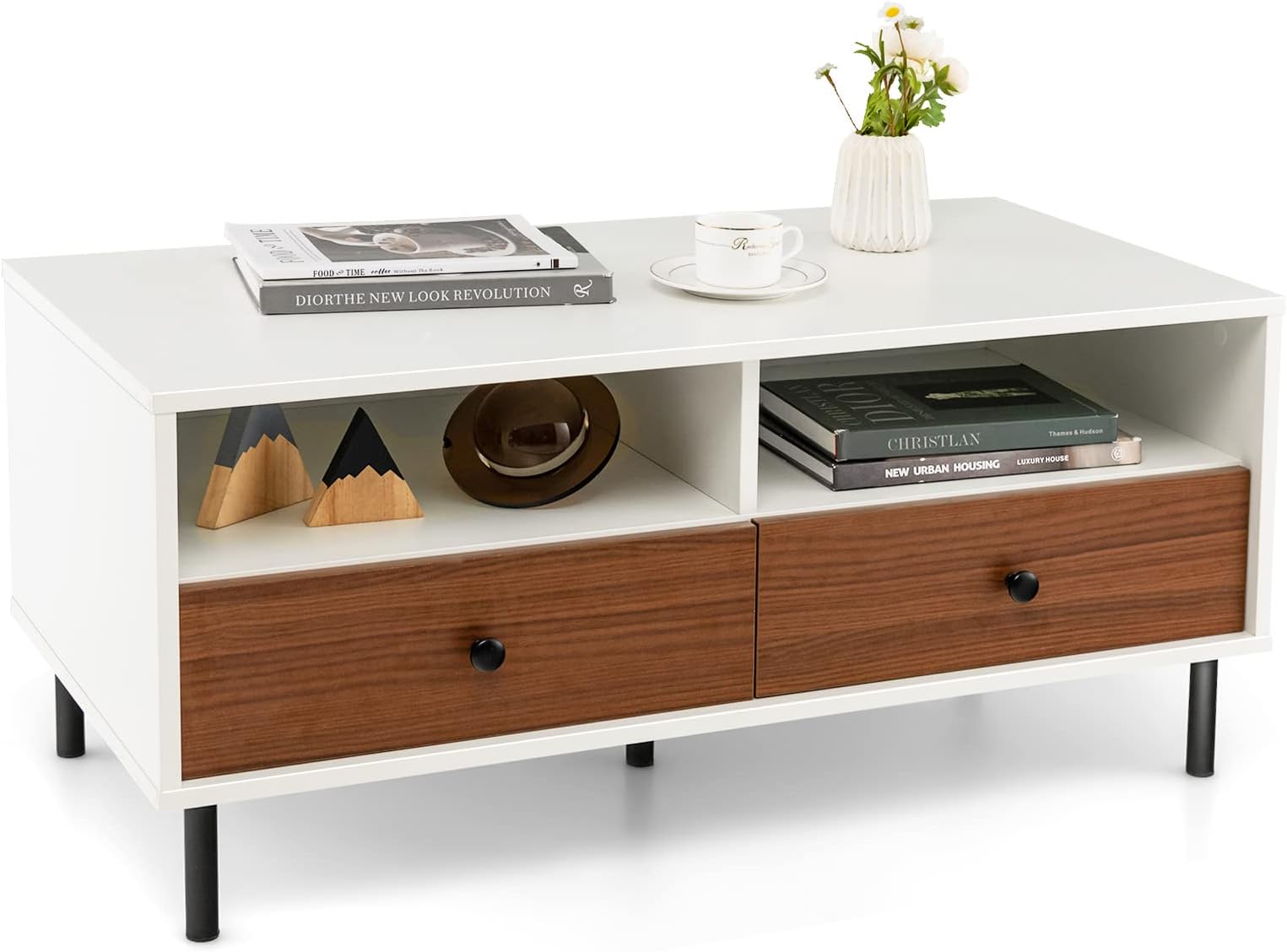 VonHaus White Coffee Table with Storage - Light Oak Effect Tea Table ...