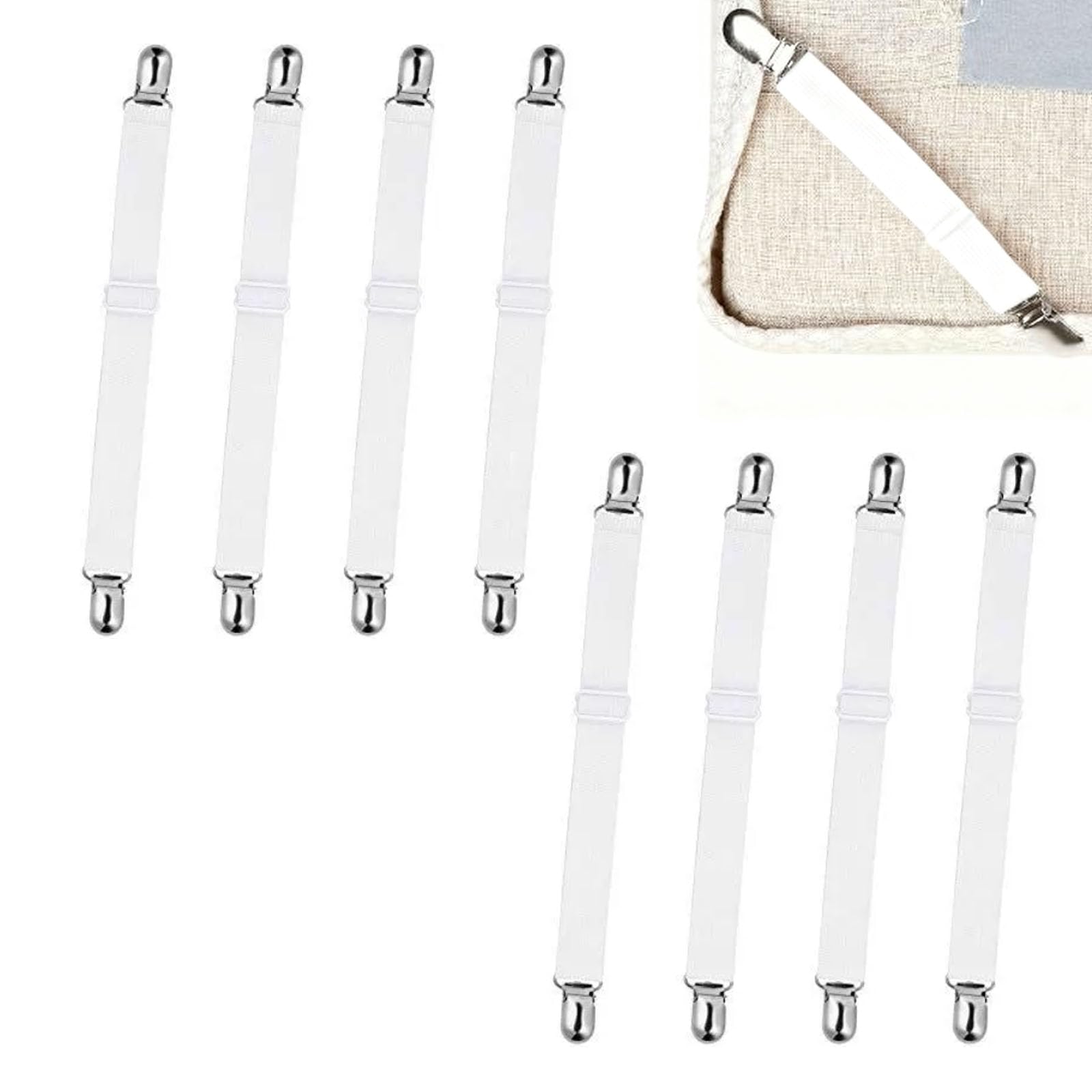 HUIKKJP 布団クリップ 8 本セット シーツズレ防止 30-129cm 調整 ベッドソファアイロン台カバー固定用 滑り止めホワイト