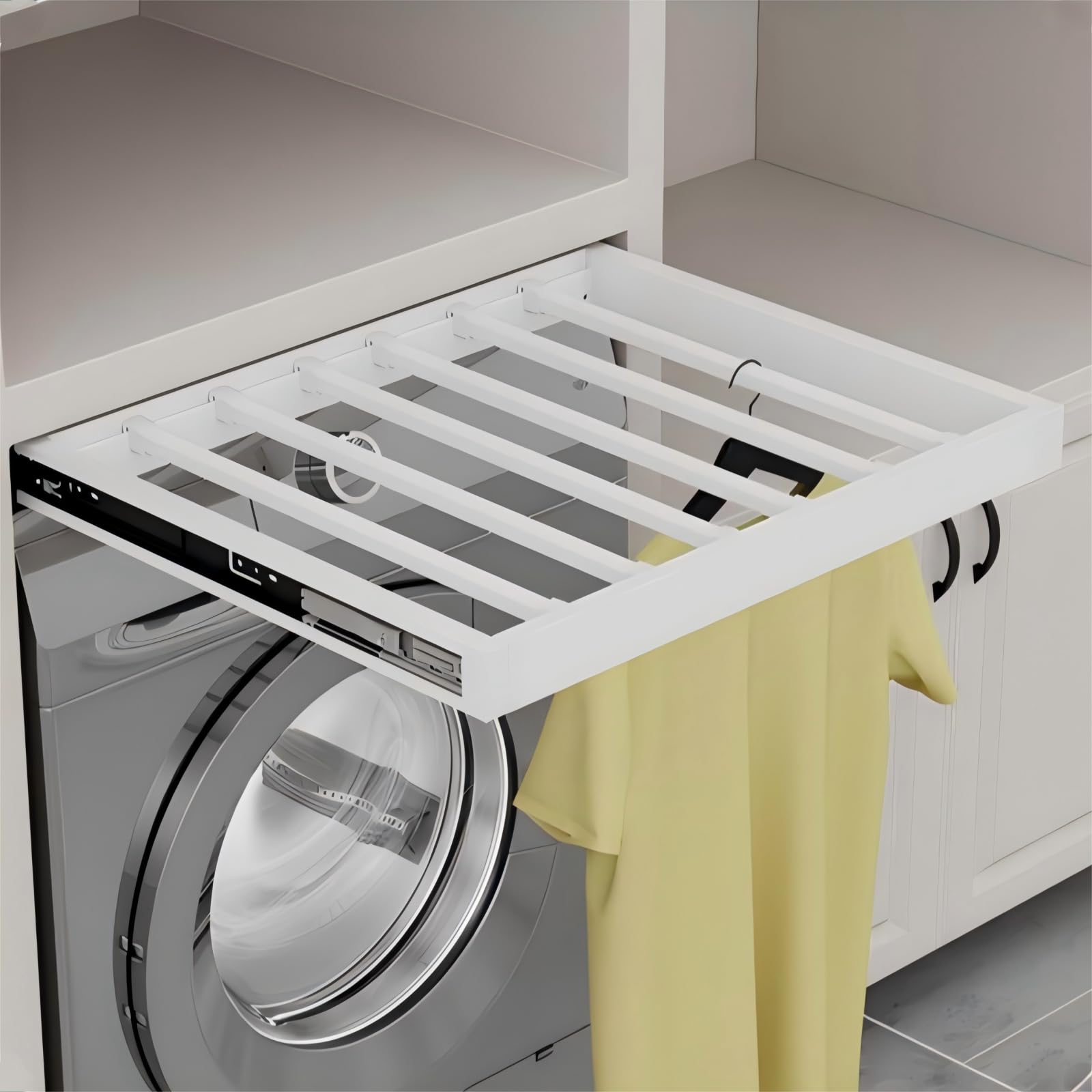 Hoconnie Versteckter Ausziehbarer Hosenhalter Platzsparend über der Waschmaschine Wand-Trockenstange aus Aluminiumlegierung Sanft-Schließen Tiefe 540mm Breite 560-610mm Weiß