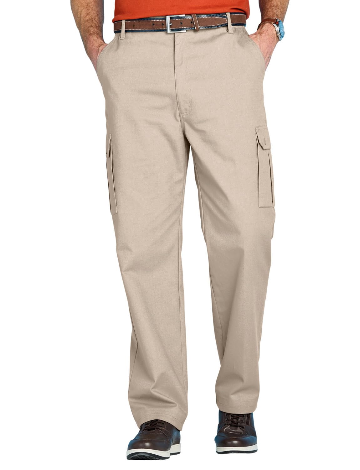 Chums Men's Stone Cotton Cargo-Style Trousers With Side Elastic Waist, Functional And Comfortable Smart Casual Outdoor Pants 40W / 31L
