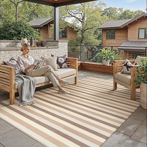 Outdoor Waterproof Patio Rug 6x9 Plastic Straw Reversible Outside Brown/Beige Striped Carpet Lightweight Large Rug for Camping RV Porch Deck Balcony Beach 6' x 9' (Rectangular) Stripe | Brow
