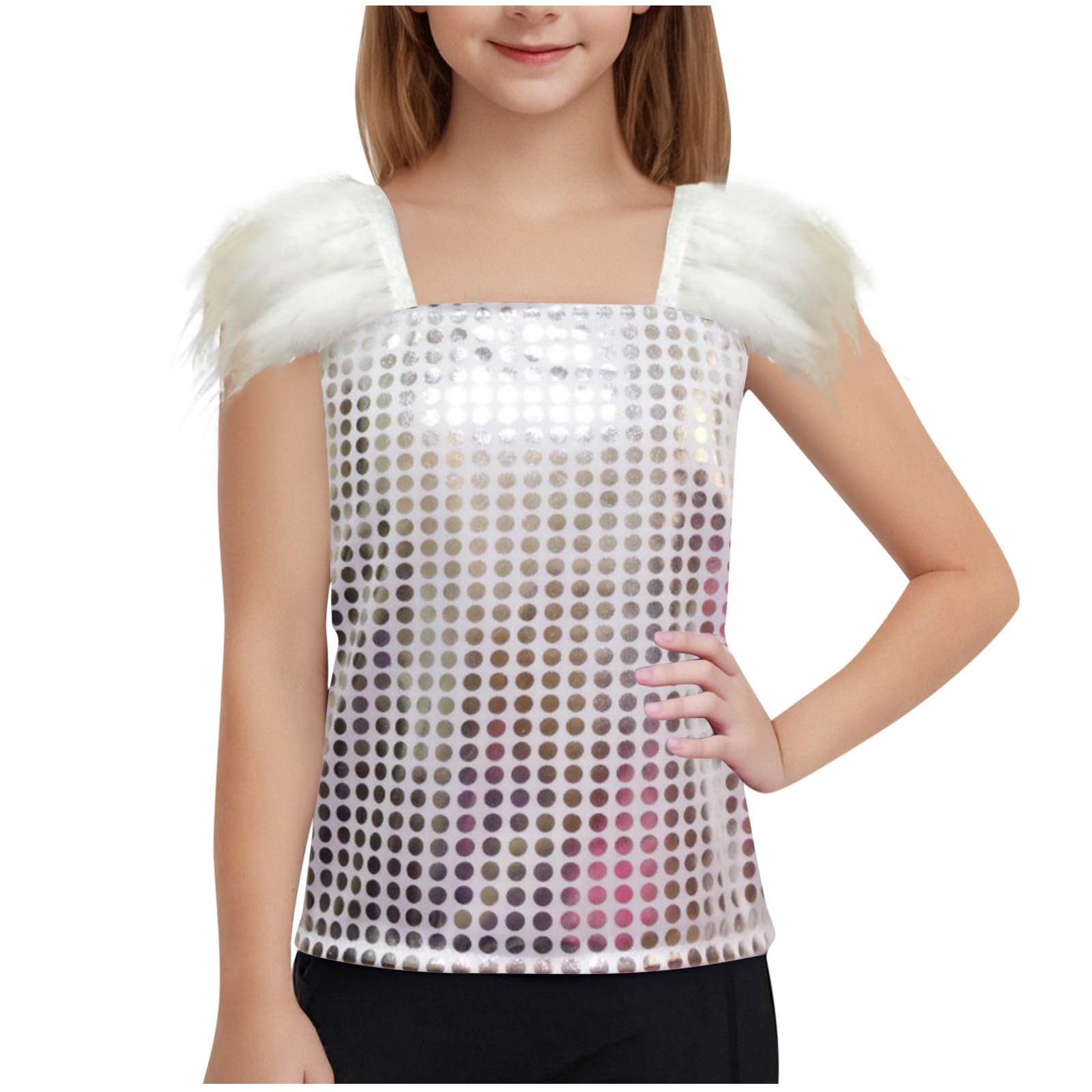 Girls Sequin Dance Tshirts 2025 Trendy Metallic Shimmer Short Sleeve Shirts Kids Sparkly Glitter Crewneck Tee Tops