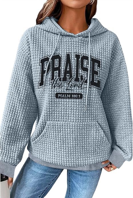 MYHALF Praise The Lord Hoodies for Women Christian Bible Verse Sweatshirt Casual Drawstring Waffle Pullover Tops with Pocket - Image 5