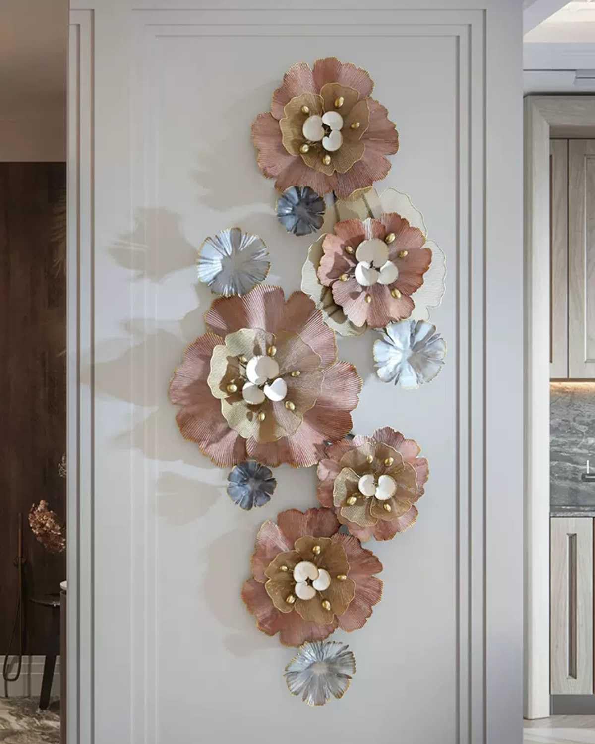 WENCY Modern Wall Decor for Living Room Large 3D Wall Decor Stacked Flowers Metal Wall Art Hanging Sculptures Decoration for Office Dining Room Apartment Bedroom New Home Gift