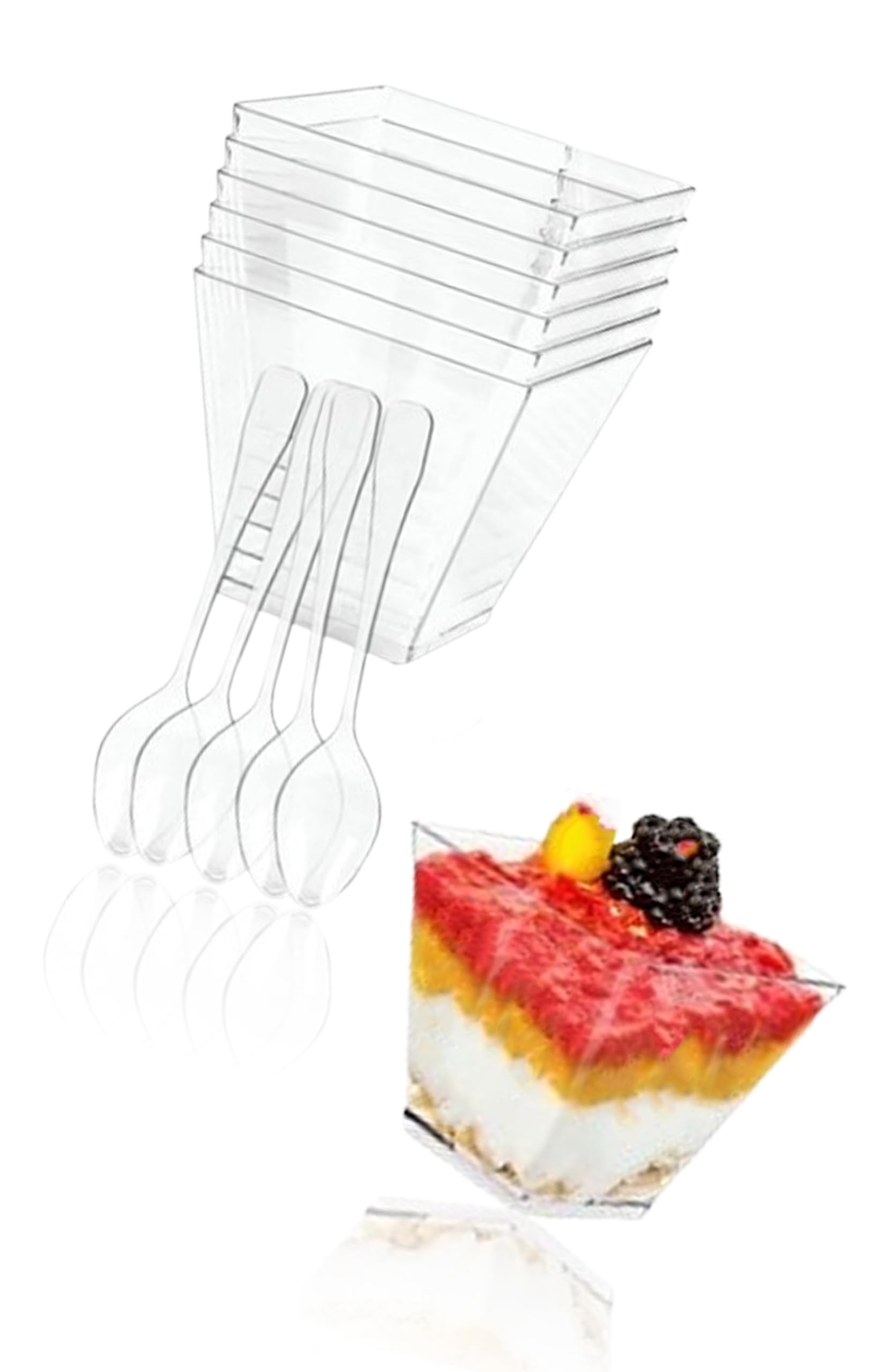 Sweet seven 50 Pack Clear Plastic Mini Dessert Cups with Spoons Perfect for Tasting Parties and Appetizers Reusable Square Parfait Cups for Desserts and More 2.02oz Cups