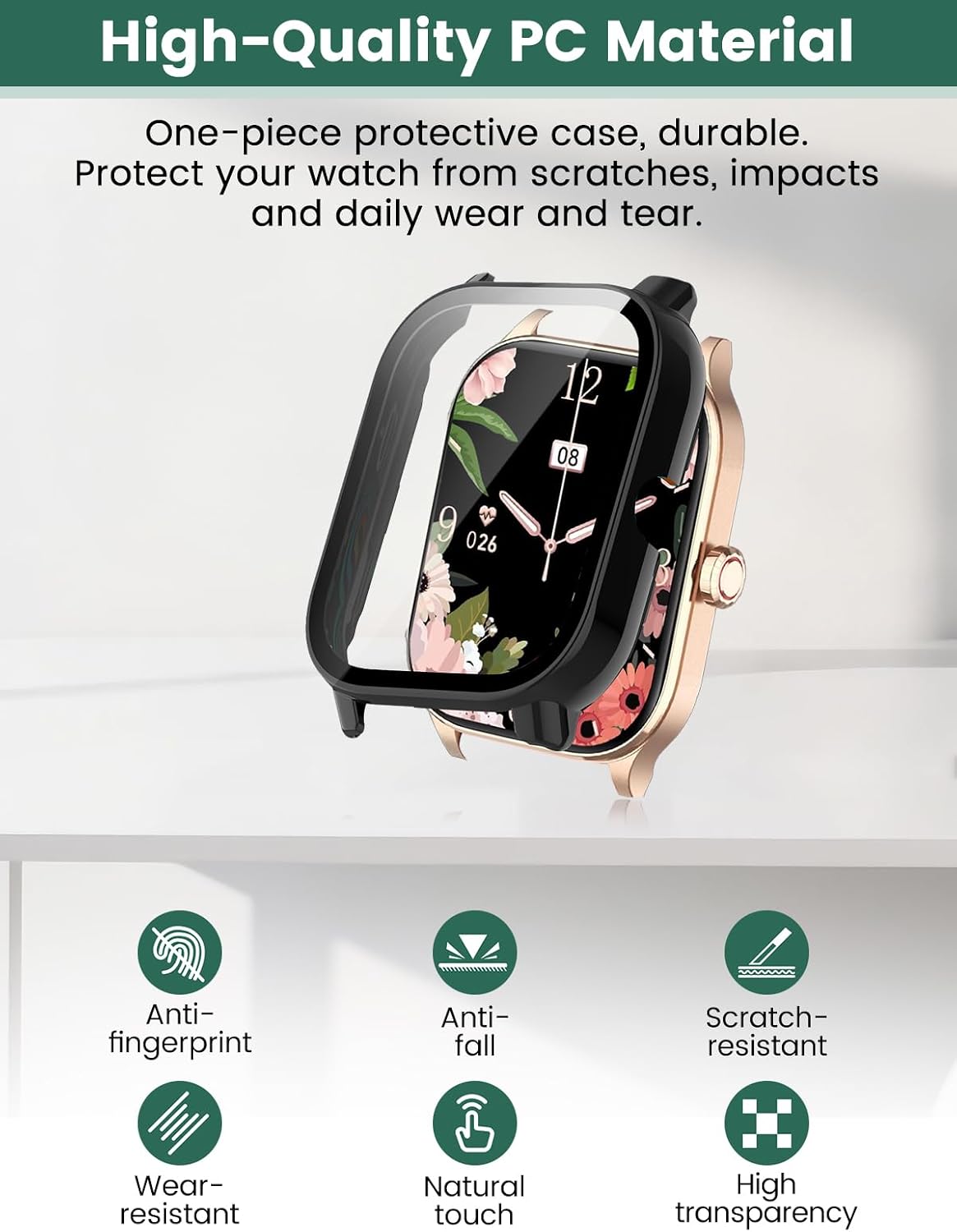 Protective Case Cover Compatible with Odsslgw 1.85" Smartwatch, Hard PC Shell & 9H Tempered Glass Screen Protector - Shockproof, Full Coverage, Scratch-Resistant (Black) image 4