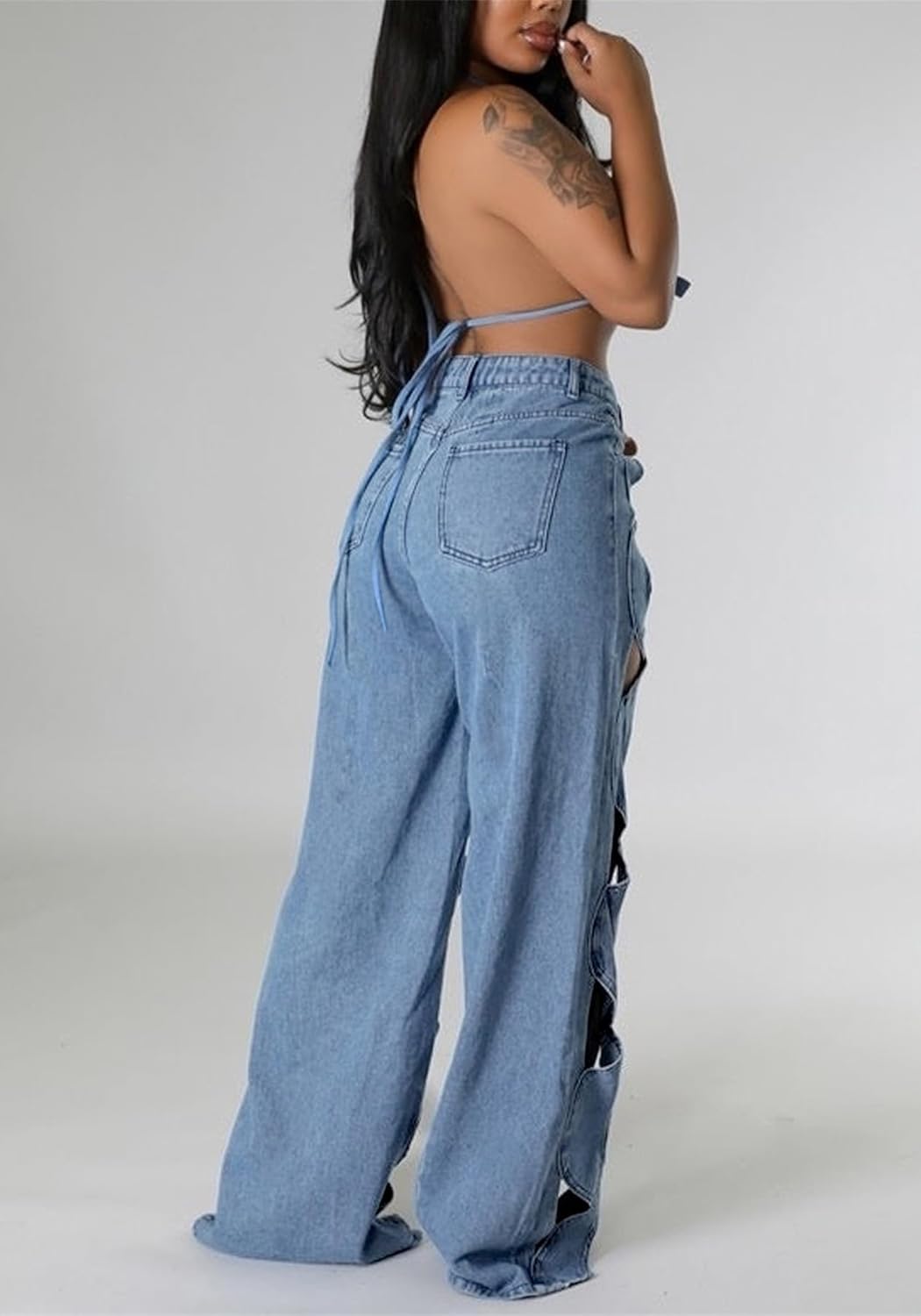 Women Sexy Hollow Out Baggy Jeans Y2k High Waisted Straight Leg Criss Cross Denim Pants - Image 4