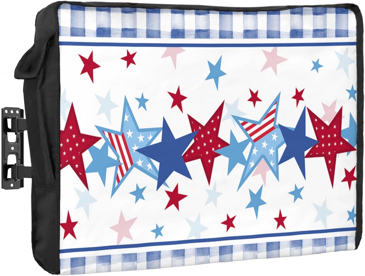 Outdoor TV Cover - 4th of July Patriotic American Flag Star Blue Plaid Waterproof and Weatherproof 80"-85" LCD Movable Shield TV Display Screen Protector Outside Television Covers
