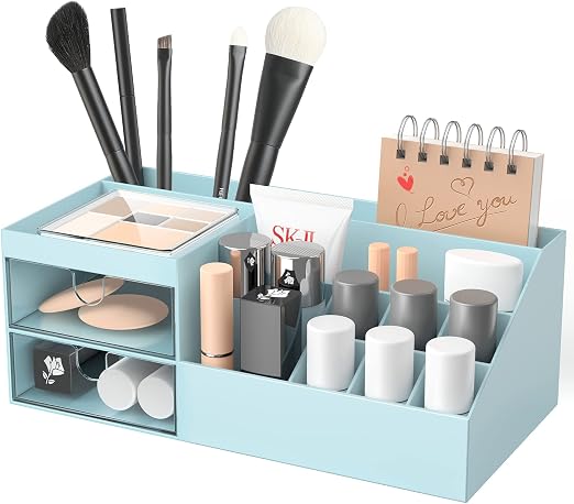 LEcylankEr Organizer Trucchi con Cassetti, Porta Trucchi Organizer da Bagno Bianco, Portatrucchi Organizzatore Trucchi con Specchiera per Toletta/Camera da Letto/Bagno (Specchio quadrato