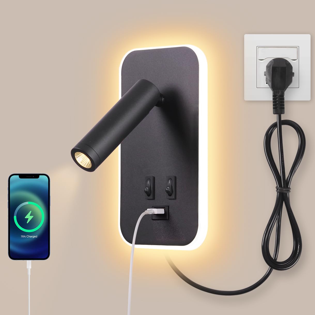 3W+9W LED leselampe wandlampe USB-Aufladung mit schalter wandleselampe Bettlampe innen Leselicht Schwenkbar Wandbeleuchtung Schlafzimmer Nachttischlampe 3100K, mit Stecker und Kabel, Schwarz
