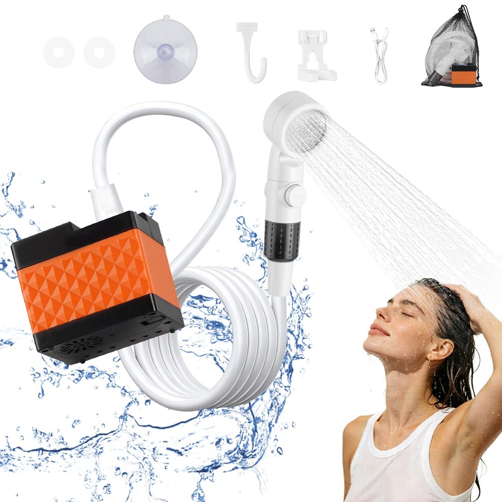 Doccia da Campeggio, Doccia Portatile Ricaricabile, kit di lavaggio impermeabile ricaricabile, 6000 mAh Batteria, Tubo 2 m, 3 modalità di spruzzo regolabile per Spiaggia, Auto, Animali, Giardino