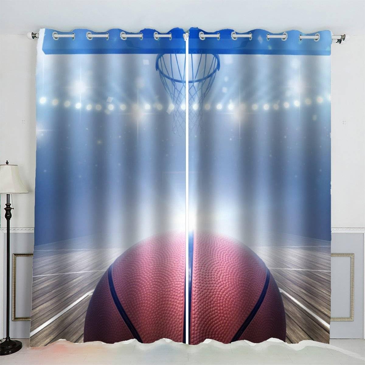 AKATIE Blackout Curtain Basketball Kid Insulated Drapes Basketball Court 3D Print Eyelet Window Curtains for Boys Girls Teens Children kids Bedroom Set of 2 Panels (W150xL166cm)