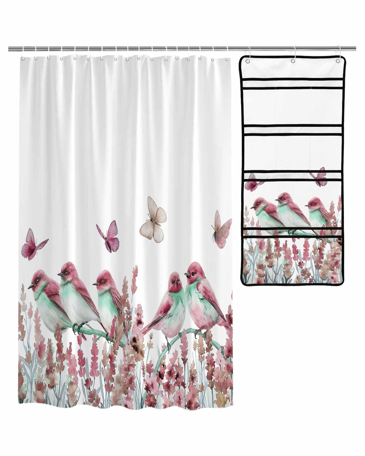 Floral Shower Curtain Mesh Shower Organizer Hanging Set Summer Watercolor Red Lavender Birds Butterfly Waterproof Shower Curtains with