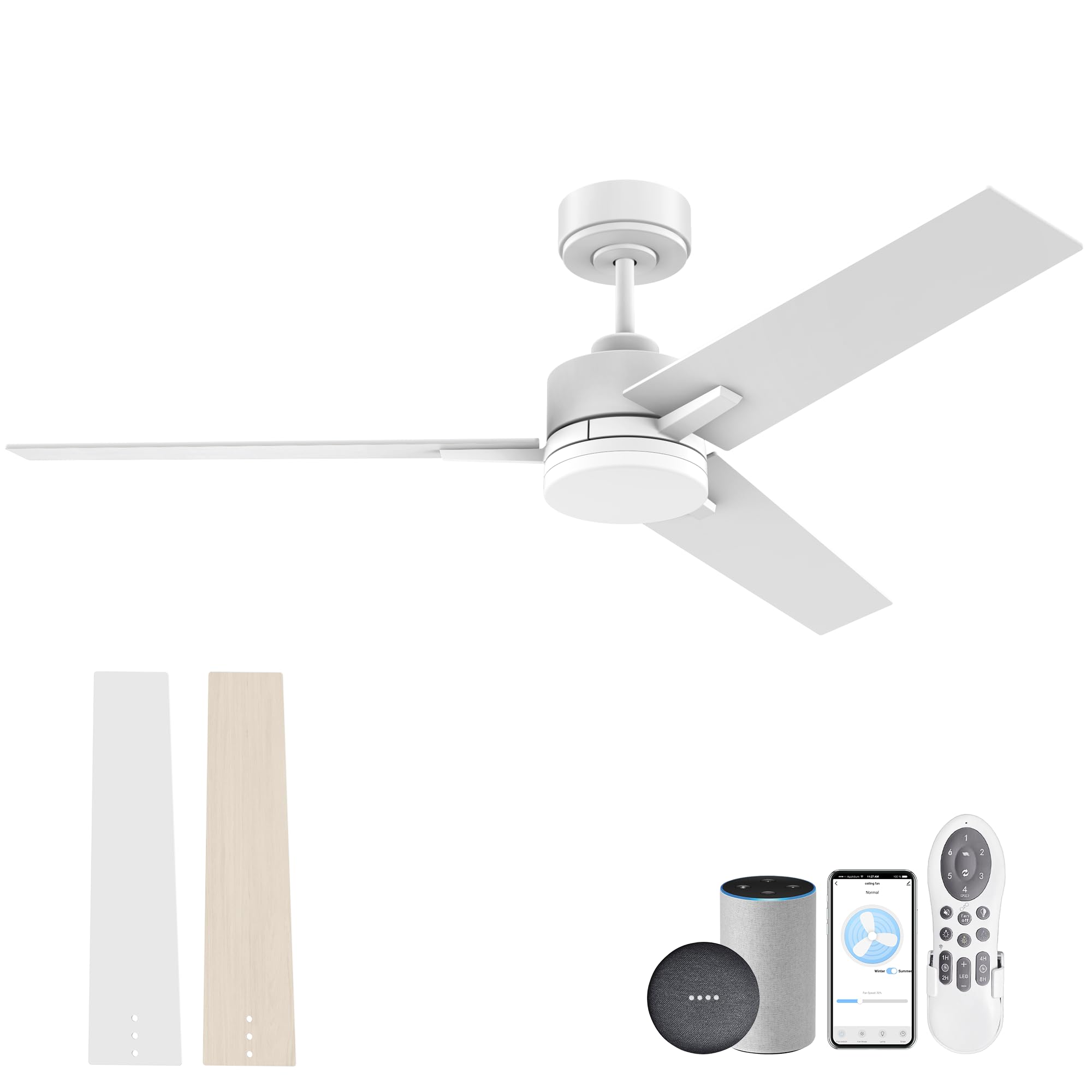 52" Smart Ceiling Fan with Lights Remote,Voice Control via Alexa Google WIFI Phone,6-Speed,Silent DC Motor,Outdoor Indoor Modern White Wood Ceiling Fans for Living Room Bedroom Patio