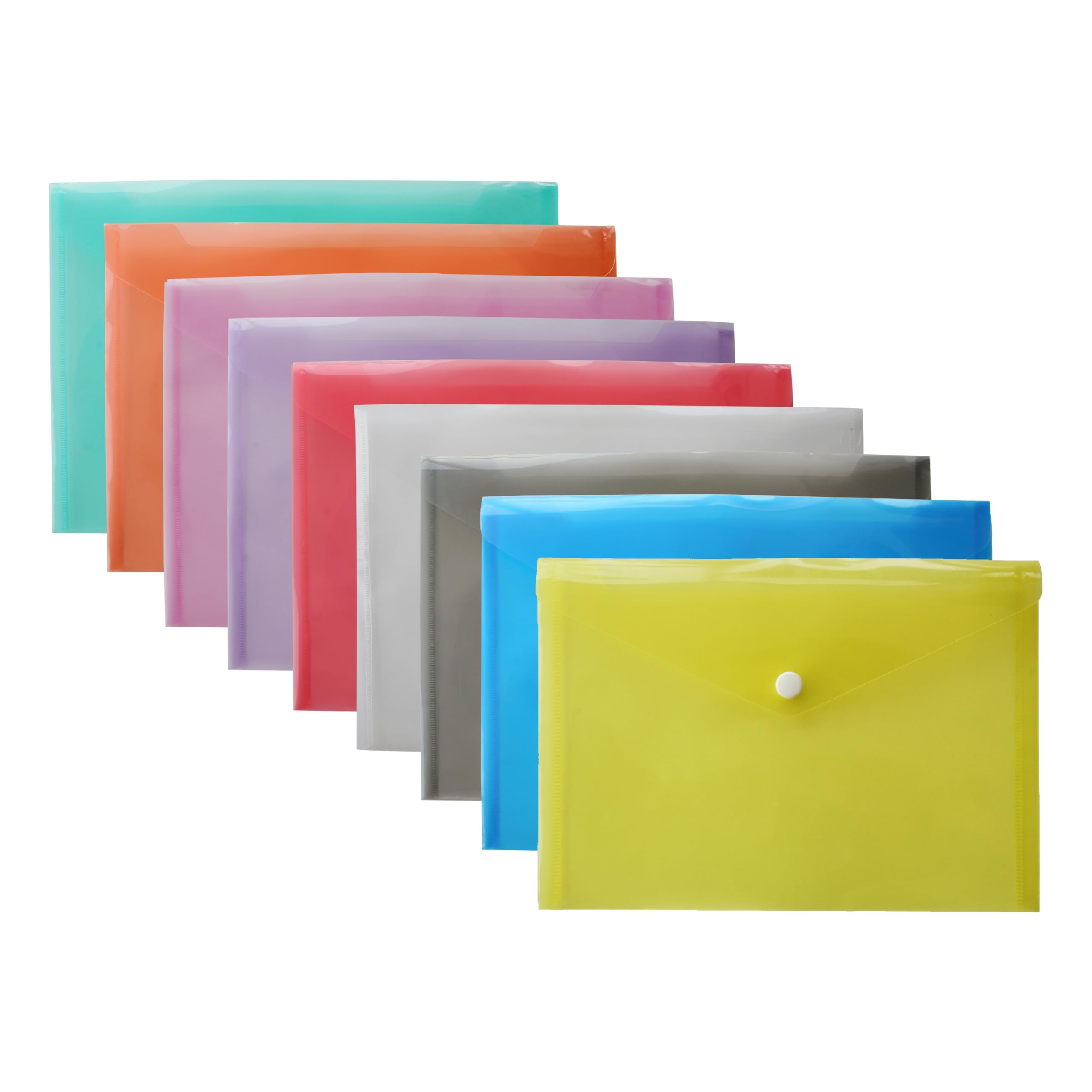 5 Assorted Color A4 Popper Wallets - Clear Plastic Paper Wallets for Document Storage and Office Organization Supplies - Lightweight Transparent Folders with Snap Closure (Pack of 15, A4)