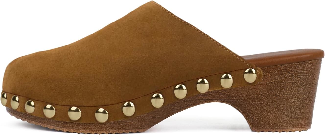 KISSASA Studded Clogs for Women Platform Low Chunky Heels Mules Slip on Closed Round Toe Mules Dressy Fall Brown Suede