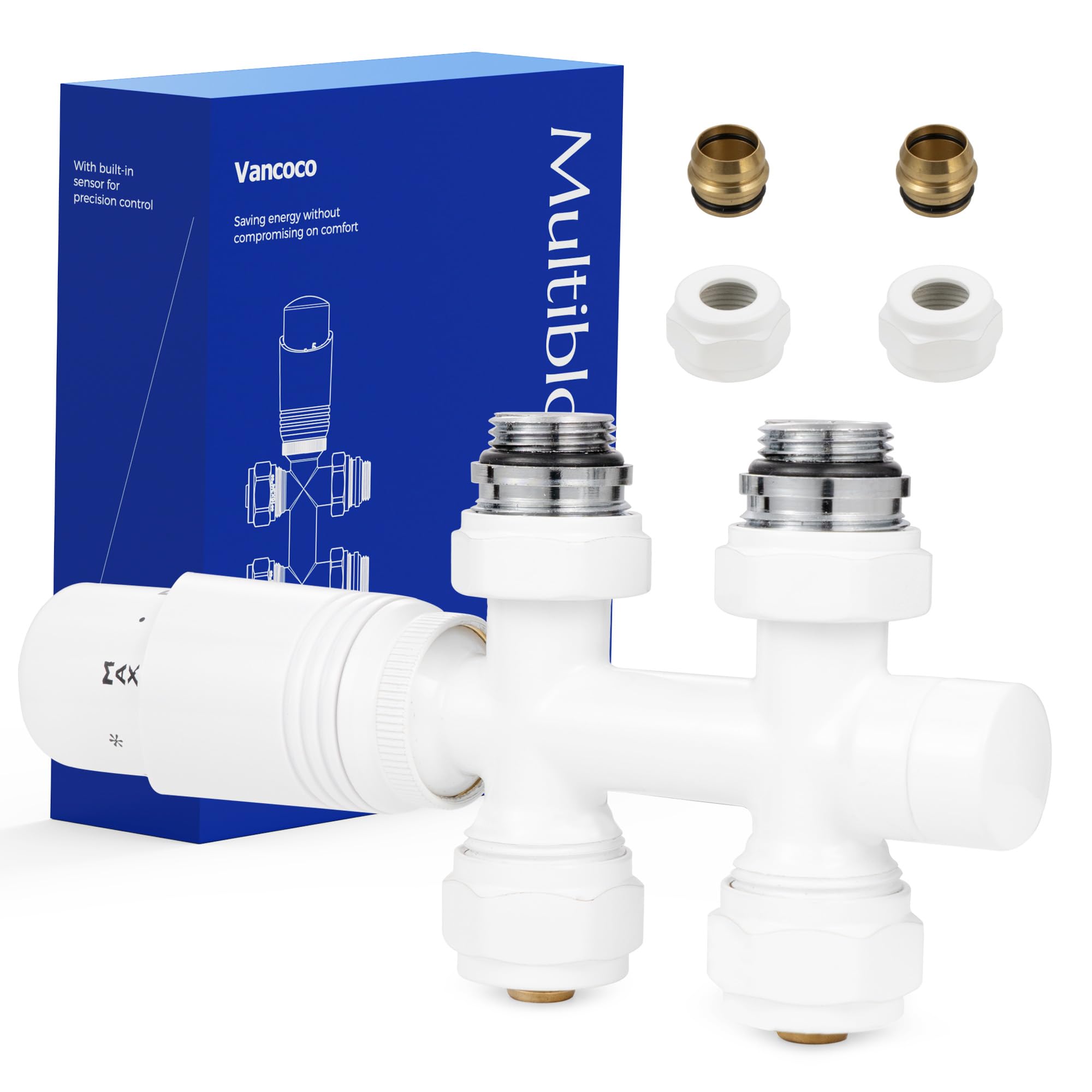 VANCOCO Multiblock con termostato per radiatori 50 mm, distanza mozzo, blocco rubinetto, set di rubinetti valvola a forma di passaggio con cono europeo per tubi in plastica Ø 16 × 2 mm e diametro 15
