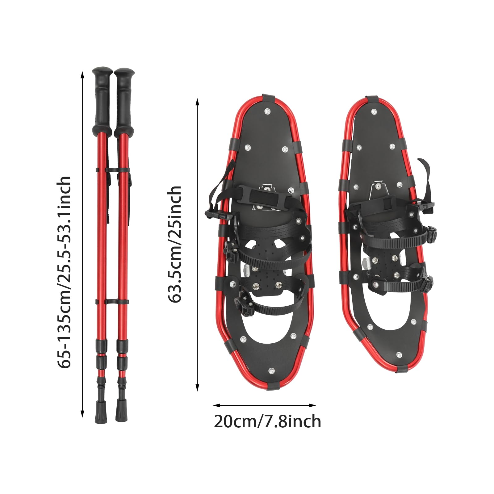 PDTHADP 25 Inch Snowshoes Floor Standing Snow Shoes -40°C/-40°F Snowshoes for Women 110-220 LBS Men Snowshoe with 25.59-53.1 Inch Adjuatable Trekking Poles for Adults Men Women
