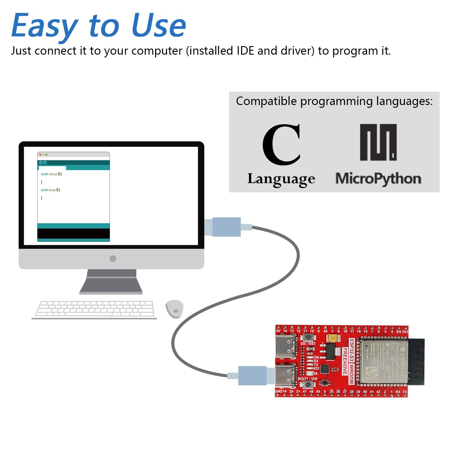 Freenove ESP32-S3 Board Lite 16 MB Flash 2 Pack Dual-core 32-bit 240 MHz Microcontroller Wireless Python C