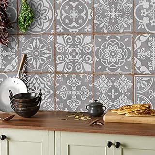 24 Grey Tile Stickers Victorian Moroccan Mosaic Style Tile Stickers Transfers Cover for 6x6 15 x 15cm tile Kitchen Bathroom Stick On Wall Peel And Stick Tile Decals - Shabby Chic Vintage Style