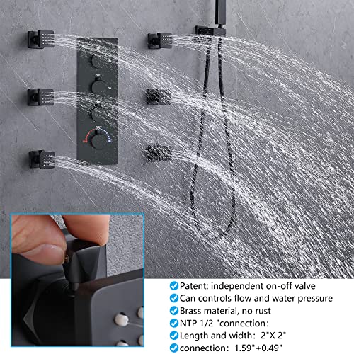 Backnets Matte Black Shower System 16 Inches Ceiling Mount Full Body Shower Faucet Set Brass Thermostatic Massage Shower With On/Off Body Jets And Handheld Can Run All At Once #TOP4