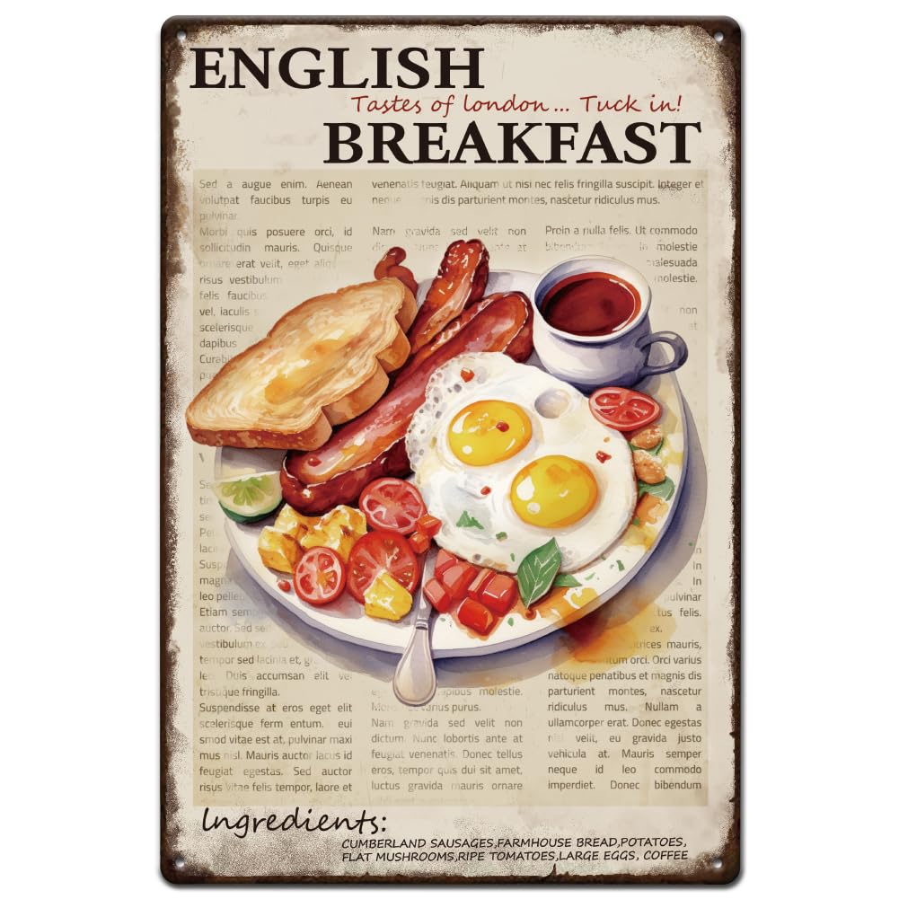 peiyeety English Breakfast Metal Tin Sign Funny Breakfast Tin Sign Retro Metal Poster Taste of London Signs for Home Kitchen Restaurants Cafes Bars Pub Man Cave Wall Decor Plaque Sign 8"x12"