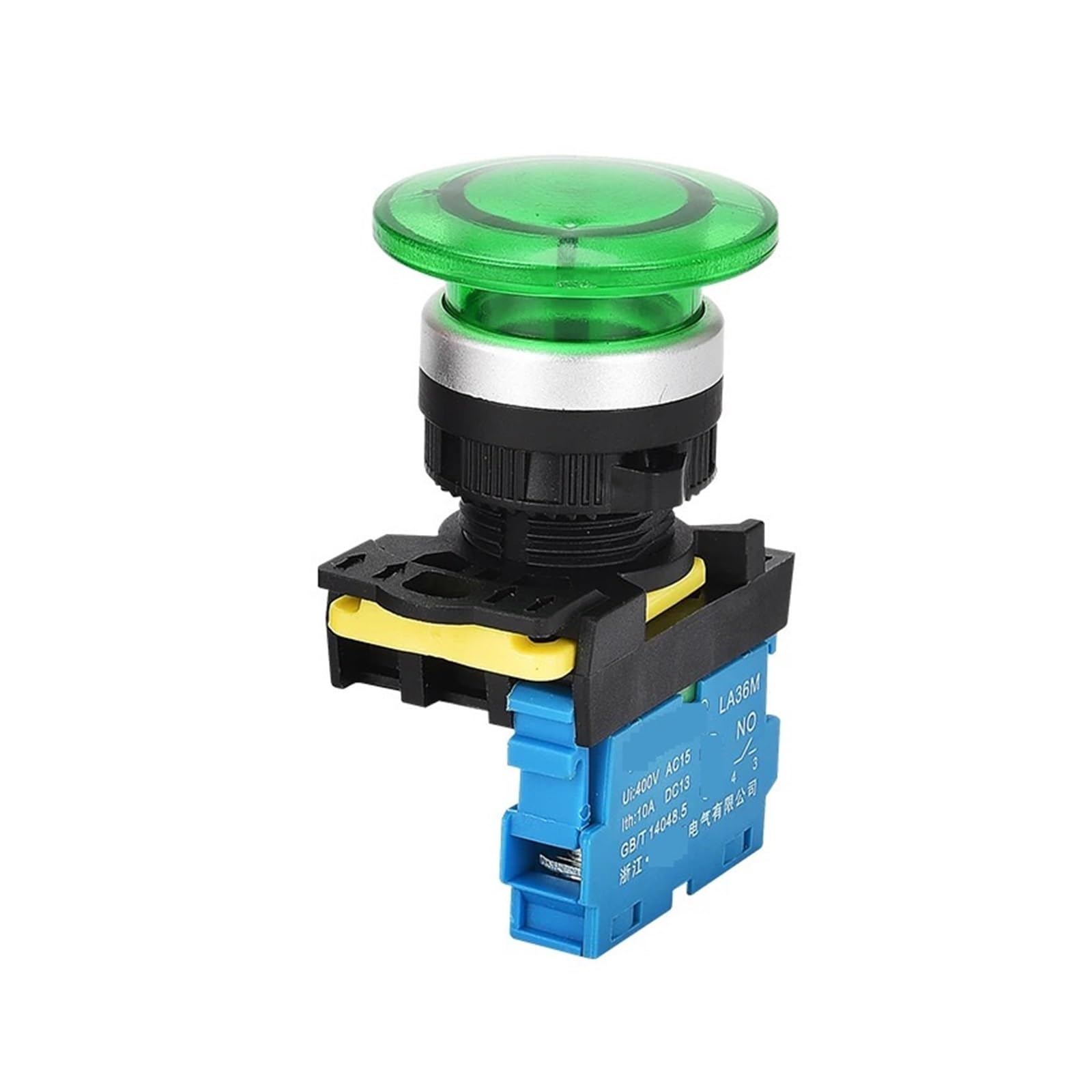 AARTERZZA Emergency Stop Switch 22mm LA36M Mushroom Button Switch with LED Momentary Self Reset Push Button Switch Red Green 380v(Green-with led,1NC)