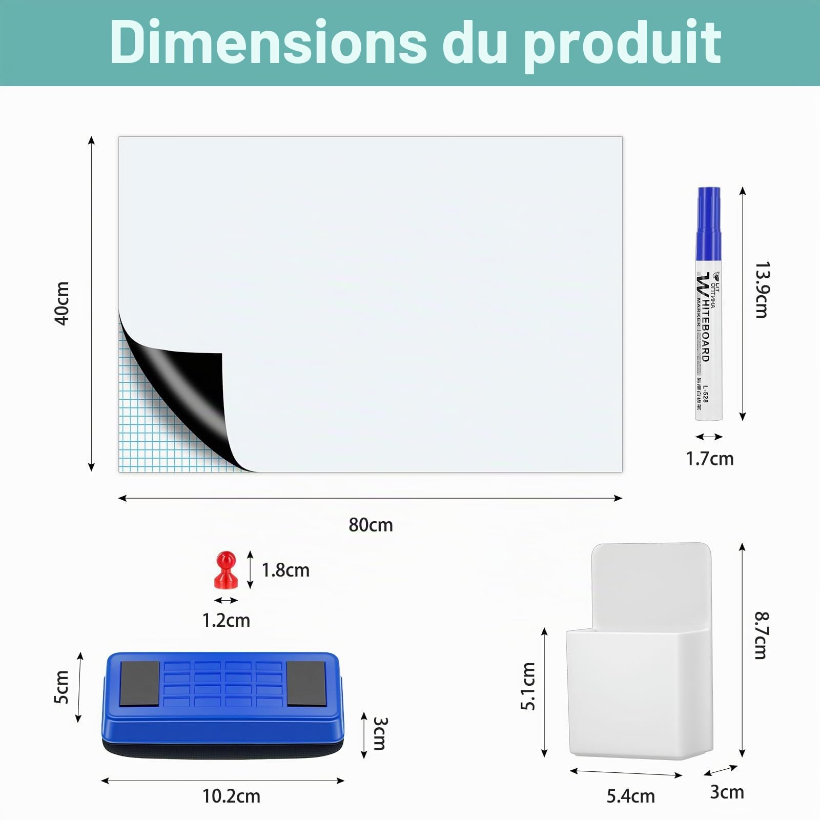 Tableau Blanc Magnétique Autocollant 60x90cm, Tableau Blanc Effacable Magnetique avec 4 Marqueurs + 1 Effaceur++ Aimants+Rack de Stockage Magnétique pour Bureau, École, Maison