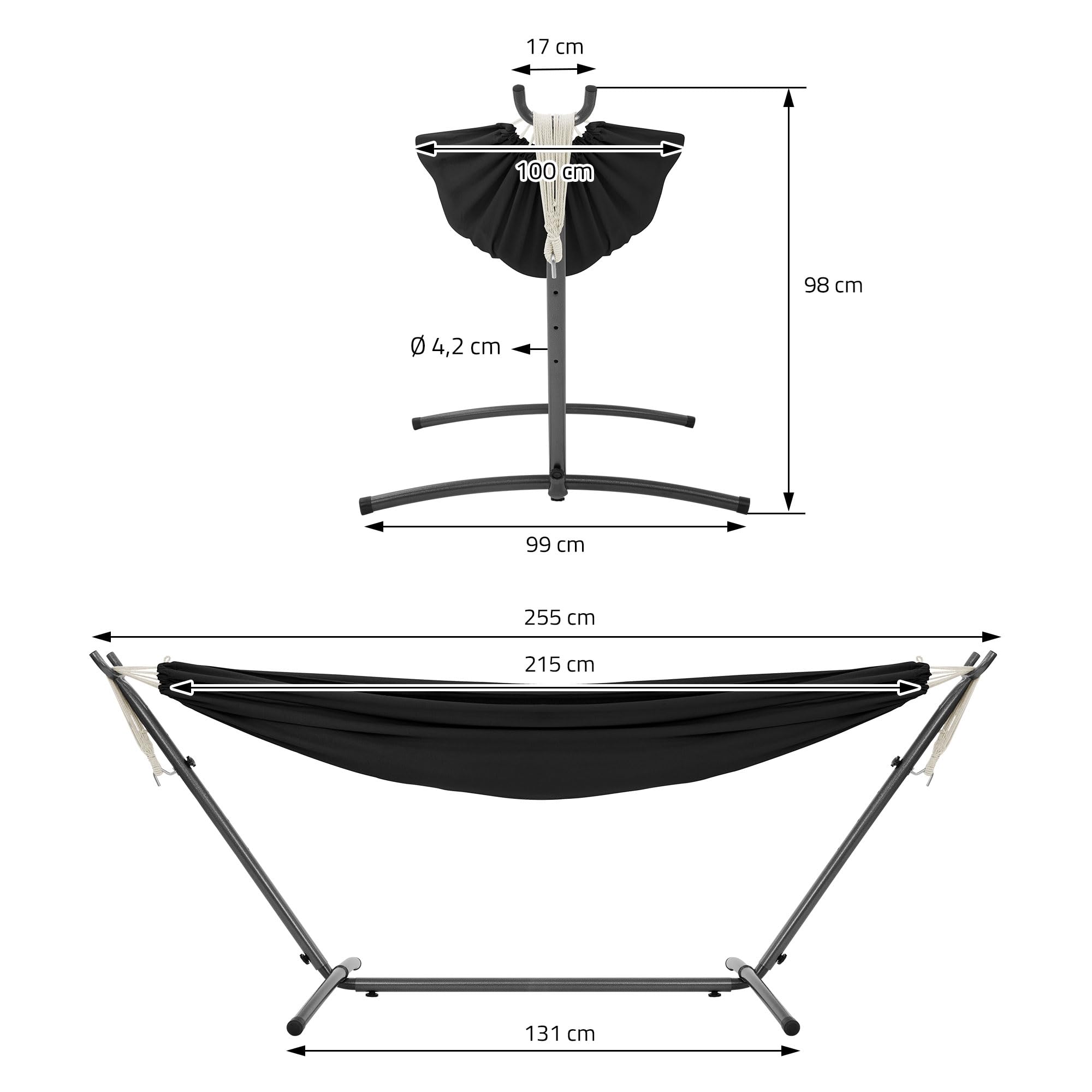 ML Design Amaca Doppia in Poliestere e Cotone Nero 275 x 110 x 98 cm con Supporto in Acciaio Spazio per 2 Persone Sedia Sospesa XXL Portatile con Borsa per Trasporto e Sacchetto Amache da Giardino