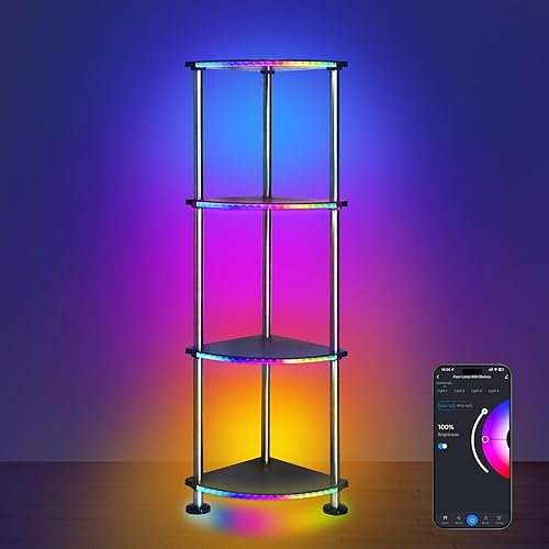 Lámpara de pie con estantes de altura ajustable RGB lámpara de pie con sincronización de música LED lámpara de pie de esquina con estación de carga,