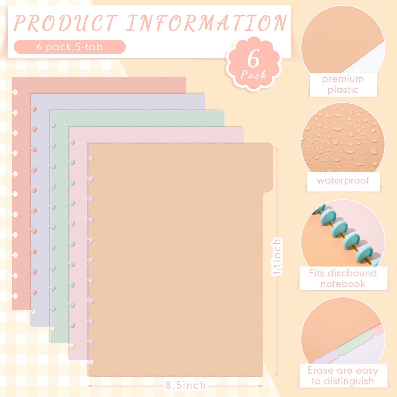 Dispowreath 6 Sets 5 Tab Note Taking System Discbound Tab Dividers 8.5 x 11 Inch Letter Size Plastic Dividers Multicolor 5 Colors for Office Subject Document (Dream Color) - Image 2