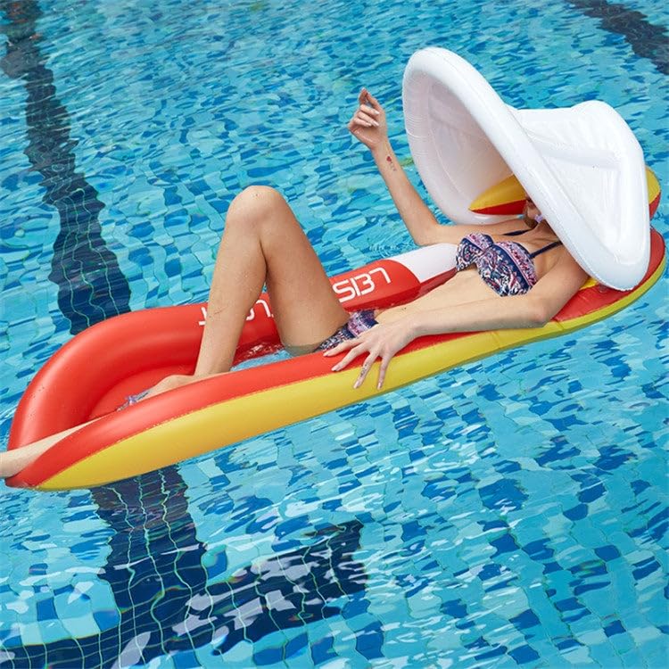 ELBME® Inflatable Sunshade Water Floating Bed PVC Foldable Recliner with Removable Awning | Red | 160x90cm-image-16