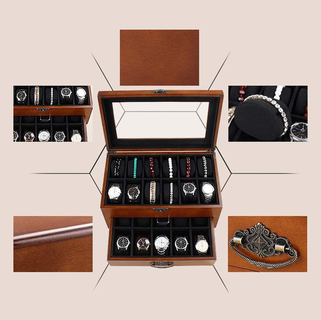 Caja de reloj de madera de 2 niveles para hombre, con cajón de exhibición de joyas, con cerradura, organizador de relojes con ventana transparente para 22 relojes